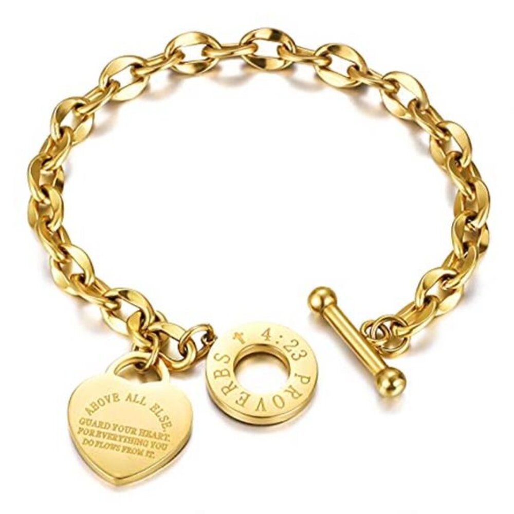 Womens Heart Charm Bracelet Bible Verse Gold Plated Stainless Steel Jewelry Gift